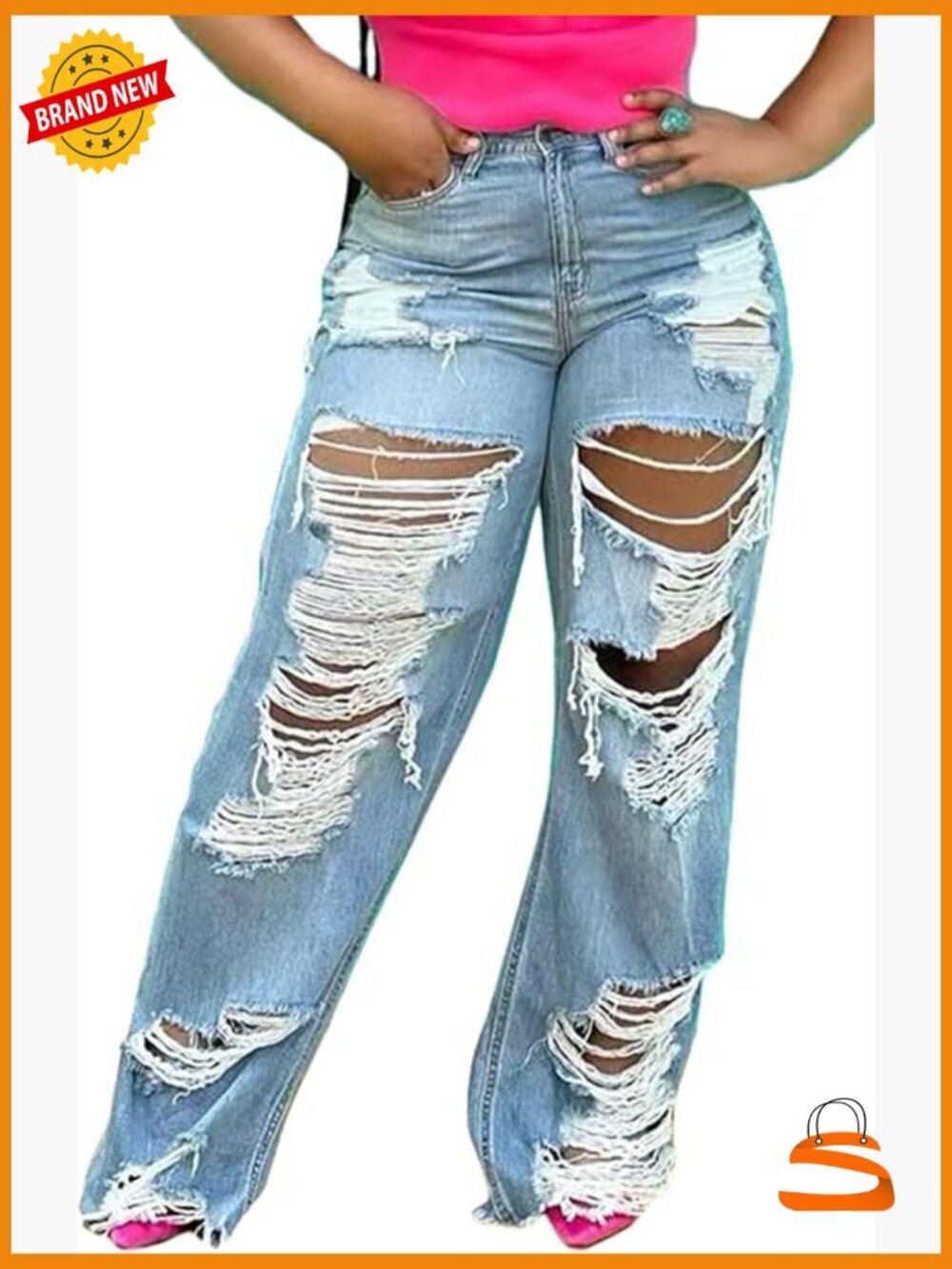 Distressed High Waisted Baggy Wide Leg Y2K Denim Pants Ripped Jeans